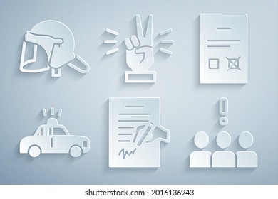 Set Petition, Poll document, Police car and flasher, Crowd protest, Hand showing two finger and helmet icon. Vector