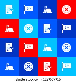 Fijar Petición, Protesta, Campamento y X Mark, Cruzar en icono circular. Vector.
