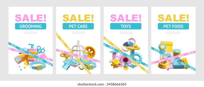 Set of pet-related 3D icons on sale banners: grooming, care, toys, and food. Each vector illustration is vivid and playful.