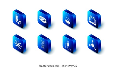 Set Petri dish with bacteria, Alcohol or spirit burner, Test tube and flask, Molecule, Microscope, DNA symbol, Bacteria and radiation icon. Vector