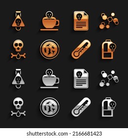 Set Petri dish with bacteria, Chemical formula, Beaker toxic liquid, Thermometer, Bones and skull, Radiation warning document, Bottle potion and Coffee cup icon. Vector