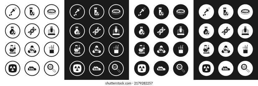 Set Petri dish with bacteria, DNA symbol, Test tube toxic liquid, Pipette, Microscope, Laboratory glassware and flask on stand icon. Vector