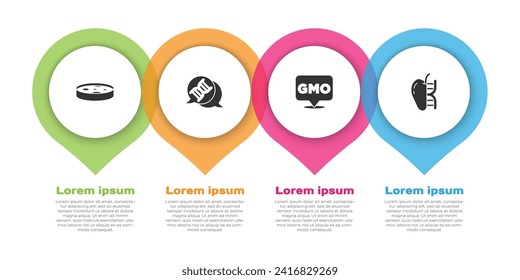 Set Petri dish with bacteria, DNA symbol, GMO and Genetically modified apple. Business infographic template. Vector