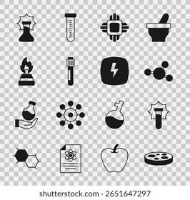 Preparar uma placa de Petri com bactérias, Explosão no frasco, Molécula, CPU do processador, tubo de ensaio, Queimador de álcool e ícone de raio. Vetor