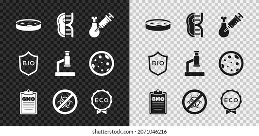 Set Petri dish with bacteria, Genetically modified meat, Gmo research chicken, GMO, Stop, Label for eco healthy food, Shield bio and Microscope icon. Vector