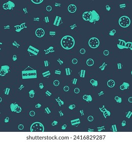 Set Petri dish with bacteria, Genetically modified apple, No GMO and chicken on seamless pattern. Vector