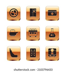 Set Petri dish with bacteria, Inhaler, Pills in blister pack, Test tube and flask, Bedpan, First aid kit, X-ray machine and Medicine cabinet icon. Vector