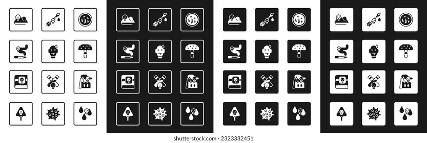 Set Petri dish with bacteria, Man poisoning, Cigarette, Experimental mouse, Fly agaric mushroom, Poison the arrow, Smoke from factory and Book about poisons icon. Vector
