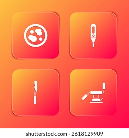 Set Petri dish with bacteria, Medical digital thermometer, saw and dental chair icon. Vector