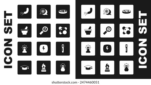 Set Petri dish with bacteria, Microorganisms under magnifier, Mortar and pestle, Bacteria, Molecule, Atom, Test tube and Explosion in the flask icon. Vector