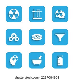 Set Petri dish with bacteria, Mortar and pestle, Test tube flask, Funnel filter, Head radiation symbol, Chemical formula for H2O, Radioactive and  icon. Vector