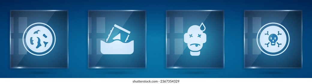 Set Petri dish with bacteria, Radioactive waste in barrel, Man poisoning and Bones and skull. Square glass panels. Vector