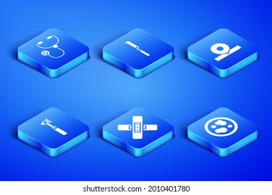 Set Petri dish with bacteria, Stethoscope, Crossed bandage plaster, Medical otoscope tool, saw and Otolaryngological head reflector icon. Vector