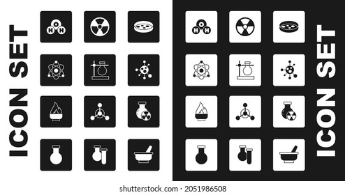 Set Petri dish with bacteria, Test tube flask on stand, Atom, Chemical formula for H2O, Molecule, Radioactive, radiation and Alcohol spirit burner icon. Vector