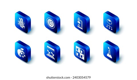 Set Petri dish with bacteria, Test tube flask on fire, Genetically modified food, Plant breeding, Periodic table, Automatic irrigation sprinklers, Biological structure and Bacteria icon. Vector