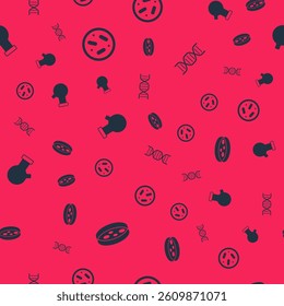Set Petri dish with bacteria, , Test tube and flask and DNA symbol on seamless pattern. Vector