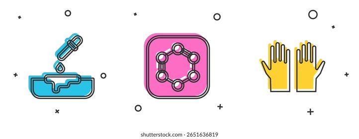 Set placa de Petri con pipeta, fórmula de anillos de benceno y guantes de goma médica icono. Vector