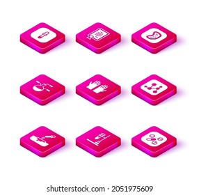 Set Petri dish with pipette, Test tube flask on fire, and, Medical rubber gloves, Medicine pill or tablet, Chemical formula, Bacteria and Certificate template icon. Vector