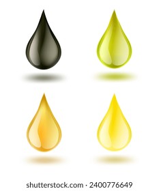 Set of petrol drops on white background. Realistic drops of oil, fuel, or gasoline symbol. Vector illustration