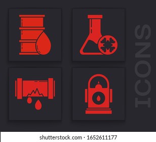 Set Petrol or Gas station, Barrel oil, Antifreeze test tube and Broken metal pipe with leaking water icon. Vector