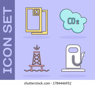 Set Petrol or gas station, Barrel oil, Oil rig with fire and CO2 emissions in cloud icon. Vector