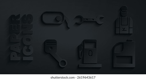 Set Petrol or Gas station, Car mechanic, Engine piston, Canister for motor machine oil, Wrench spanner and rearview mirror icon. Vector