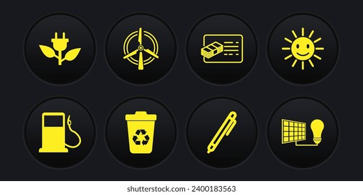 Set Petrol or Gas station, Cute sun with smile, Recycle bin recycle, Pen, Financial document, Rotating wind turbine, Solar energy panel and light bulb and Electric saving plug leaf icon. Vector