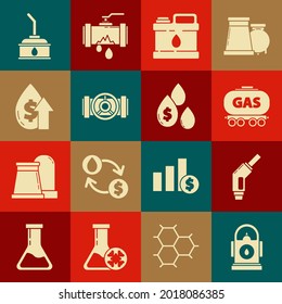 Set Petrol or Gas station, Gasoline pump nozzle, railway cistern, Canister for motor machine oil, Industry metallic pipes and valve, Oil price increase,  and drop with dollar symbol icon. Vector