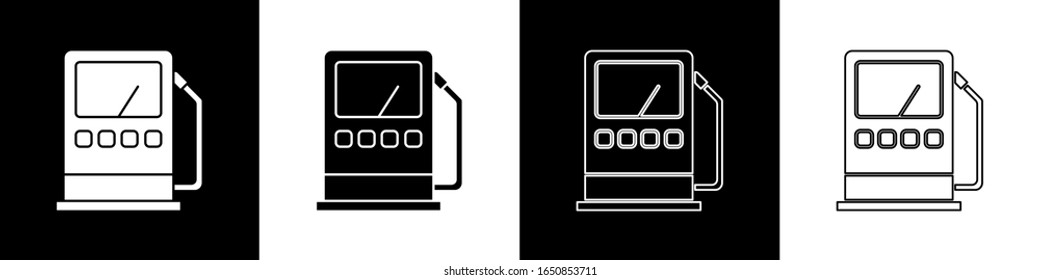 Set Petrol or gas station icon isolated on black and white background. Car fuel symbol. Gasoline pump.  Vector Illustration