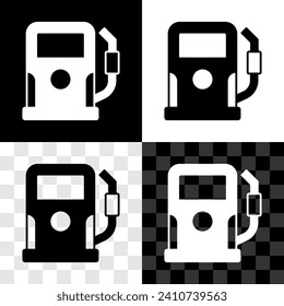 Set Petrol or gas station icon isolated on black and white, transparent background. Car fuel symbol. Gasoline pump.  Vector