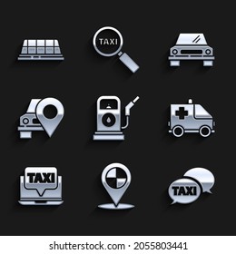 Set Petrol or Gas station, Map pointer with taxi, Taxi call telephone service, Ambulance and emergency car, Laptop, Car and roof icon. Vector