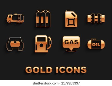 Set Petrol or gas station, Metallic pipes and valve, Oil tank storage, Location, Gas for vehicle, Canister motor oil, Tanker truck and Industrial cylinder icon. Vector
