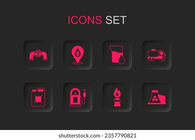 Set Petrol or gas station, Oil drop with dollar symbol, pipe valve, rig fire, Tanker truck, Nuclear power plant, petrol test tube and Canister for gasoline icon. Vector