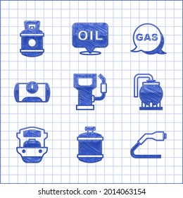 Fijar gasolinera o gasolinera, tanque de propano, carga de enchufe de cable eléctrico, almacenamiento de aceite, barco cisterna, gas para vehículo, ubicación e icono. Vector