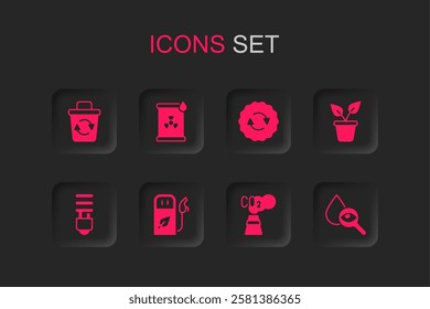 Set Petrol or gas station, Radioactive waste in barrel, Recycle bin, CO2 emissions cloud, Plant pot, Drop and magnifying glass, symbol and LED light bulb icon. Vector