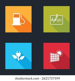 Set Petrol or Gas station, Signed document, Electric saving plug in leaf and Solar energy panel and sun icon. Vector