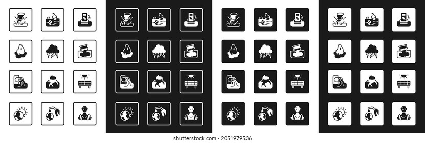 Set Petrol or gas station, Storm, Glacier melting, Tornado, Barrel oil leak, Problem pollution of the ocean, Solar energy panel and Wastewater icon. Vector