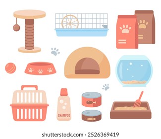 Set of Pets accessories and food. Dogs and cats supplies, pet shop and care equipment, cage and toys. Pet shop goods icons. Vector illustration isolated on white background.