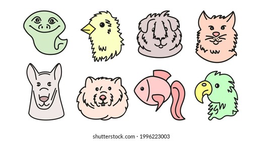 Set of pets and birds. Vector illustration sticker collection of animal faces.