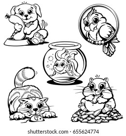Set of pets pets black contour puppy kitten fish hamster parrot vector illustration