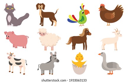 conjunto de mascotas. gato, perro, loro, pollo, cerdo, oveja, caballo, cabra, vaca, burro, ganso