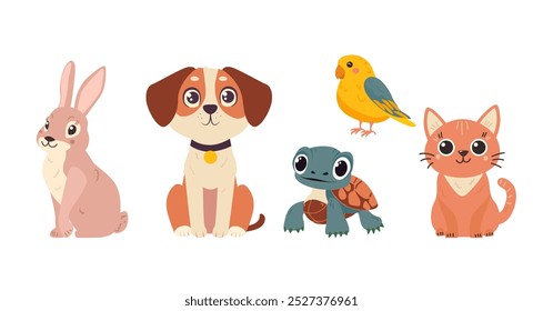 Conjunto com animais de estimação. Gato, cachorro, papagaio, coelho, tartaruga. Estilo plano vetorial.
