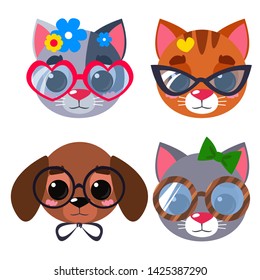 Set of pets cats and dogs. Dressed in caps, glasses and other elements of mods. Print for kids room or clothes. Vector illustration in cartoon style.