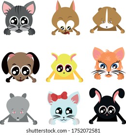 Set of pets. Cats and dogs. Puppies and kittens. Rabbit, rat and hamster. Guinea pig and mouse. Big-eyed cute faces. Design for pet shop, veterinary clinic and shelter.

