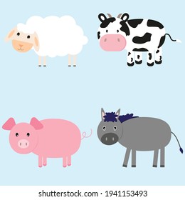 Set of pets. Cow, sheep, pig and donkey. Cute animals. Vector graphics