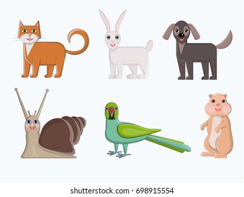 Set of pets. Cute home animals in cartoon style. Vector illustration snail hamster parrot