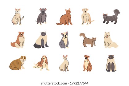 set of pets, different breeds of dogs and cats vector illustration design