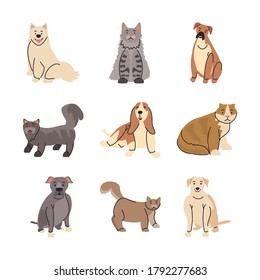 set of pets, different breeds of dogs and cats vector illustration design
