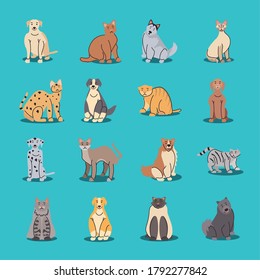 set of pets, different breeds of dogs and cats vector illustration design