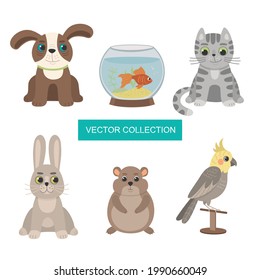 Set of Pets: dog, cat, goldfish in the aquarium, hamster, rabbit, parrot in flat style. Vector collection of pets.